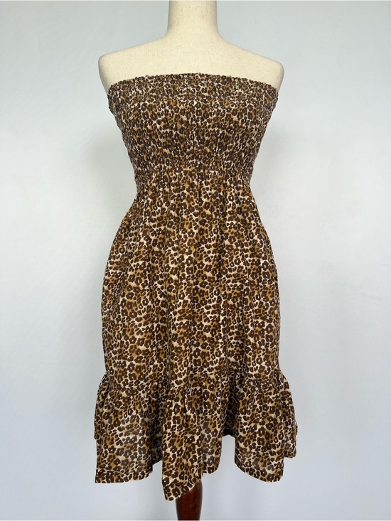 None Dresses & Skirts - Strapless Leopard Print Smocked Summer Dress